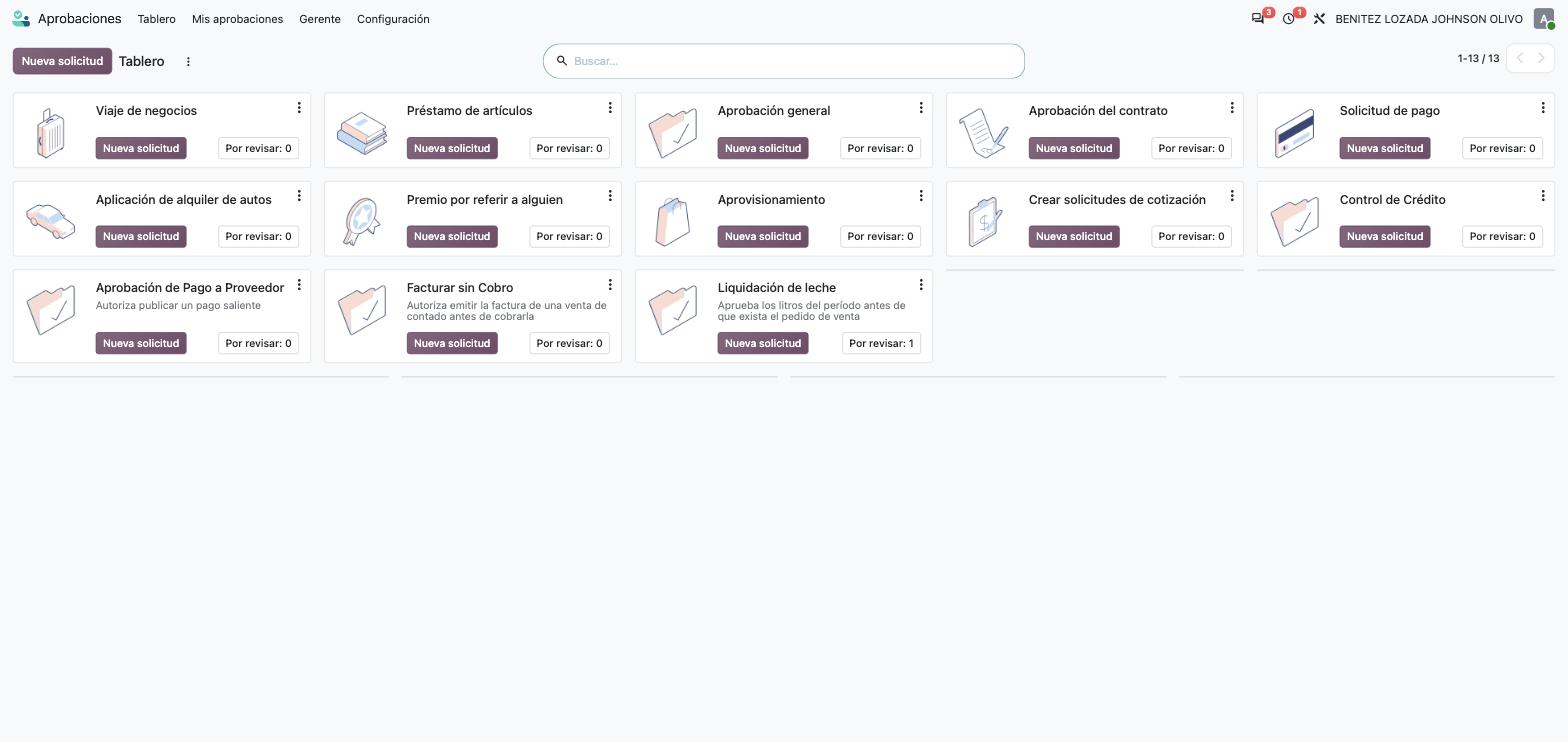 Tablero del módulo Aprobaciones, con la categoría Liquidación de leche y una solicitud por revisar