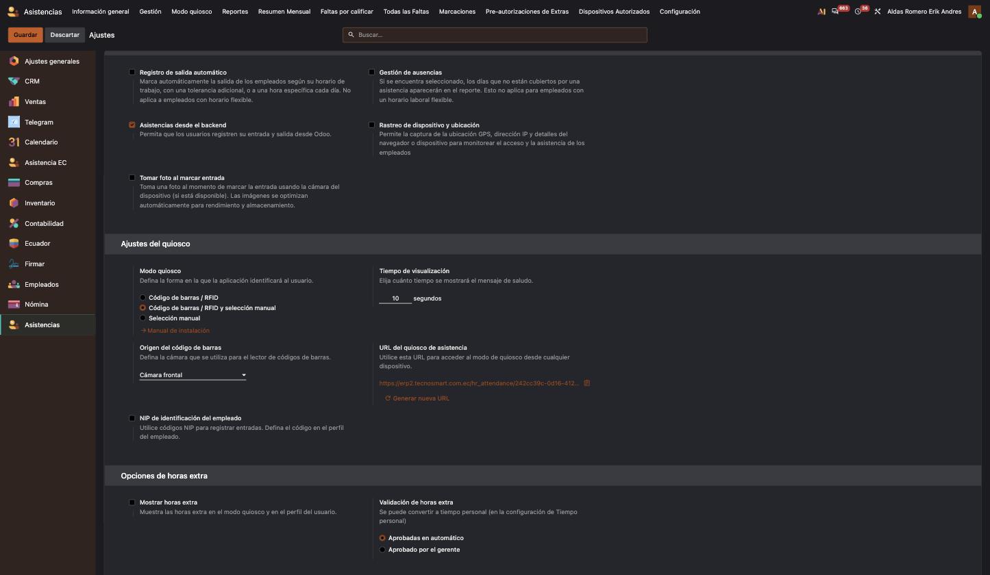 La pestaña Ajustes generales de Asistencias, con Asistencias desde el backend activado y el resto de interruptores apagados, más los ajustes del quiosco y de horas extra