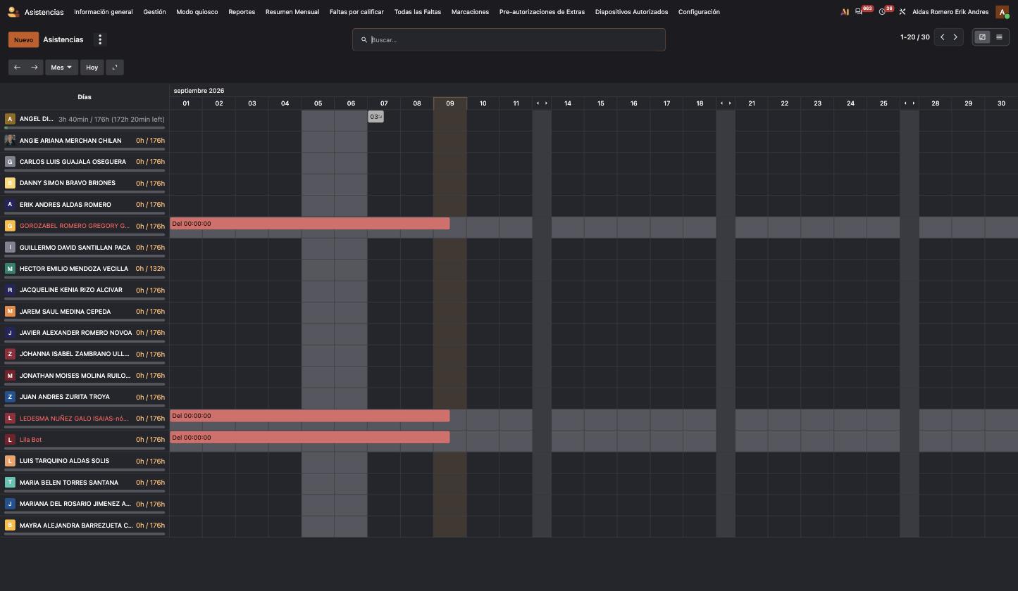 La pantalla de Información General, con un renglón por empleado y un calendario mensual a la derecha