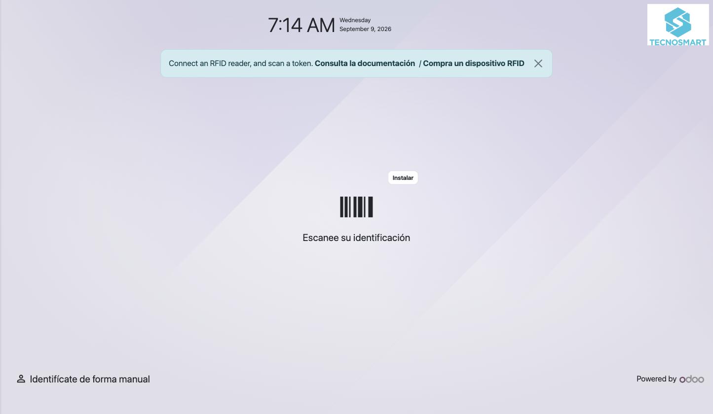 La pantalla del quiosco, con la hora en inglés 7:14 AM, la fecha Wednesday, September 9, 2026, el logotipo de la empresa, un aviso para conectar un lector RFID y las dos opciones Escanee su identificación e Identifícate de forma manual