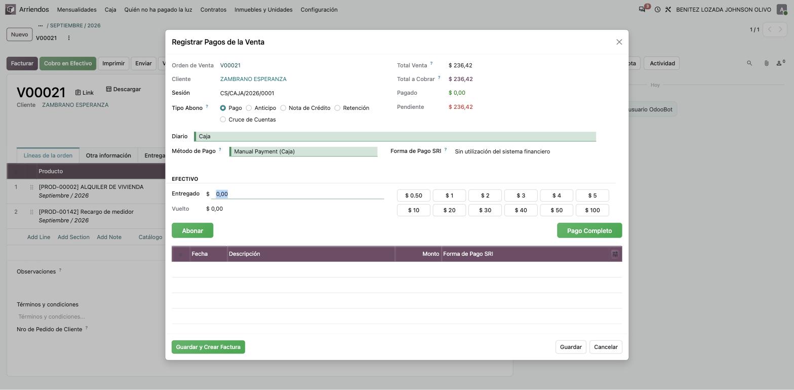 El cuadro de Registrar Pagos de la Venta, con la sesión de caja, el diario y los botones de denominación en efectivo