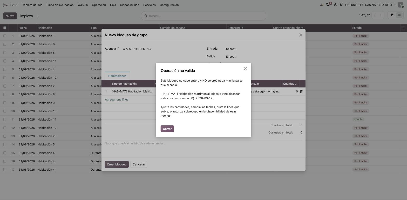 Aviso Operación no válida al crear un bloqueo de grupo que pide más cuartos de los disponibles