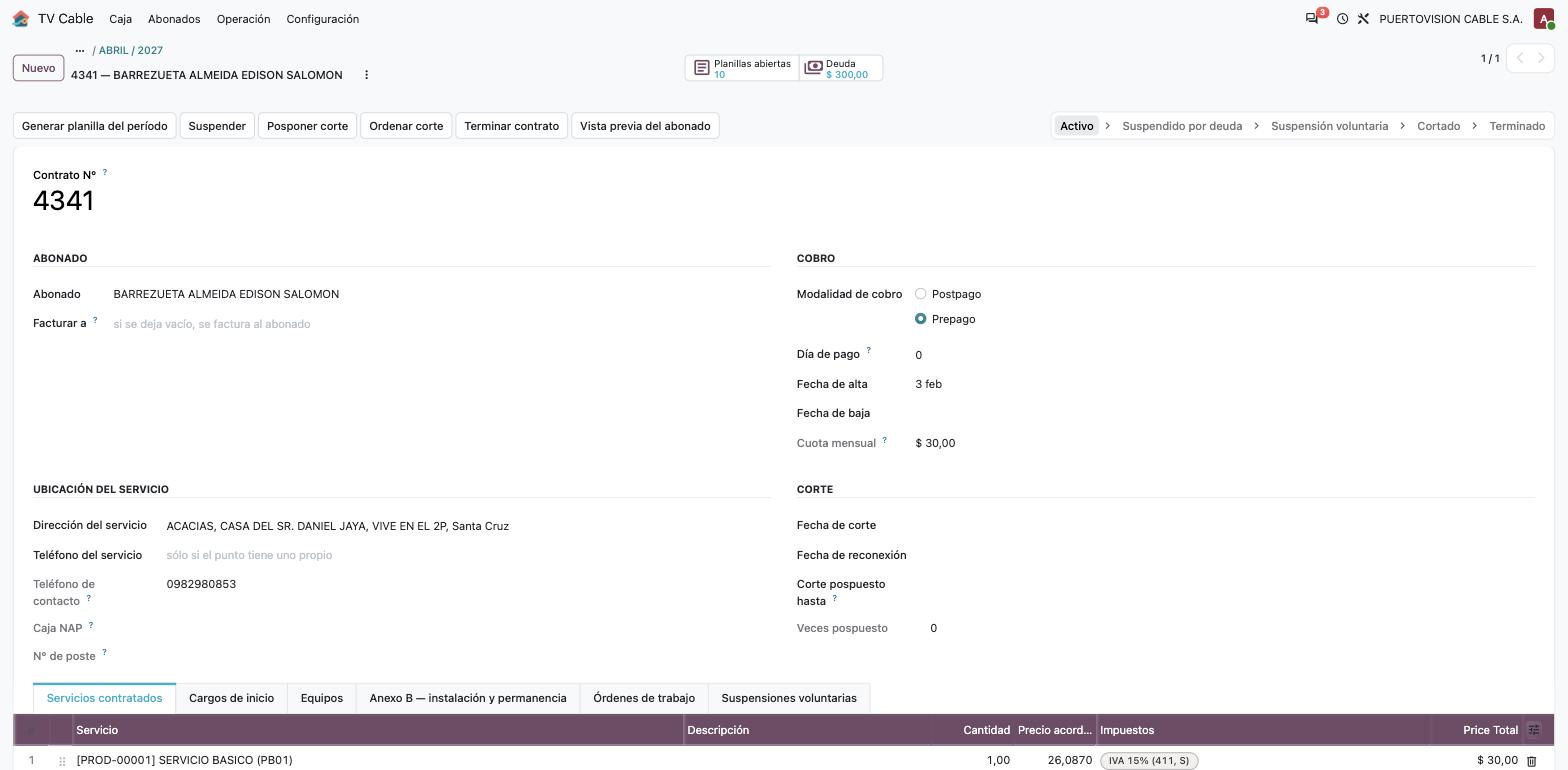 La ficha de un contrato activo, con sus botones de operación y sus bloques de datos