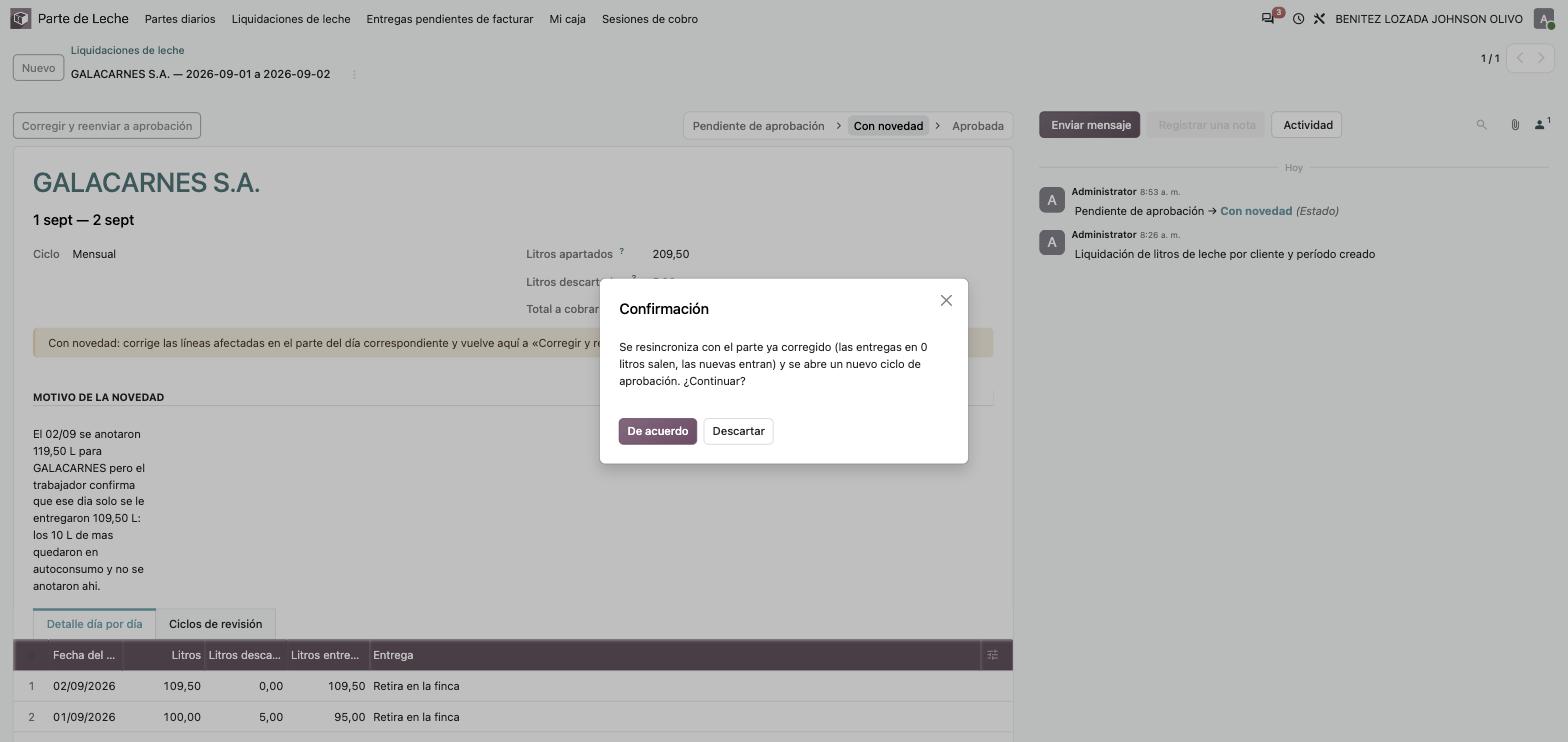 Confirmación de Corregir y reenviar a aprobación, explicando qué se resincroniza