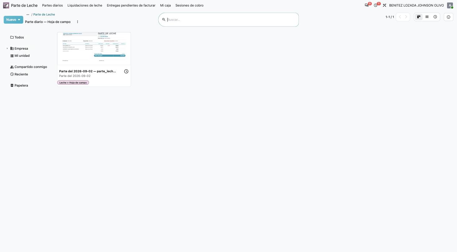 App Documentos, carpeta Parte diario — Hoja de campo dentro de Parte de Leche con el archivo del 2 de septiembre.