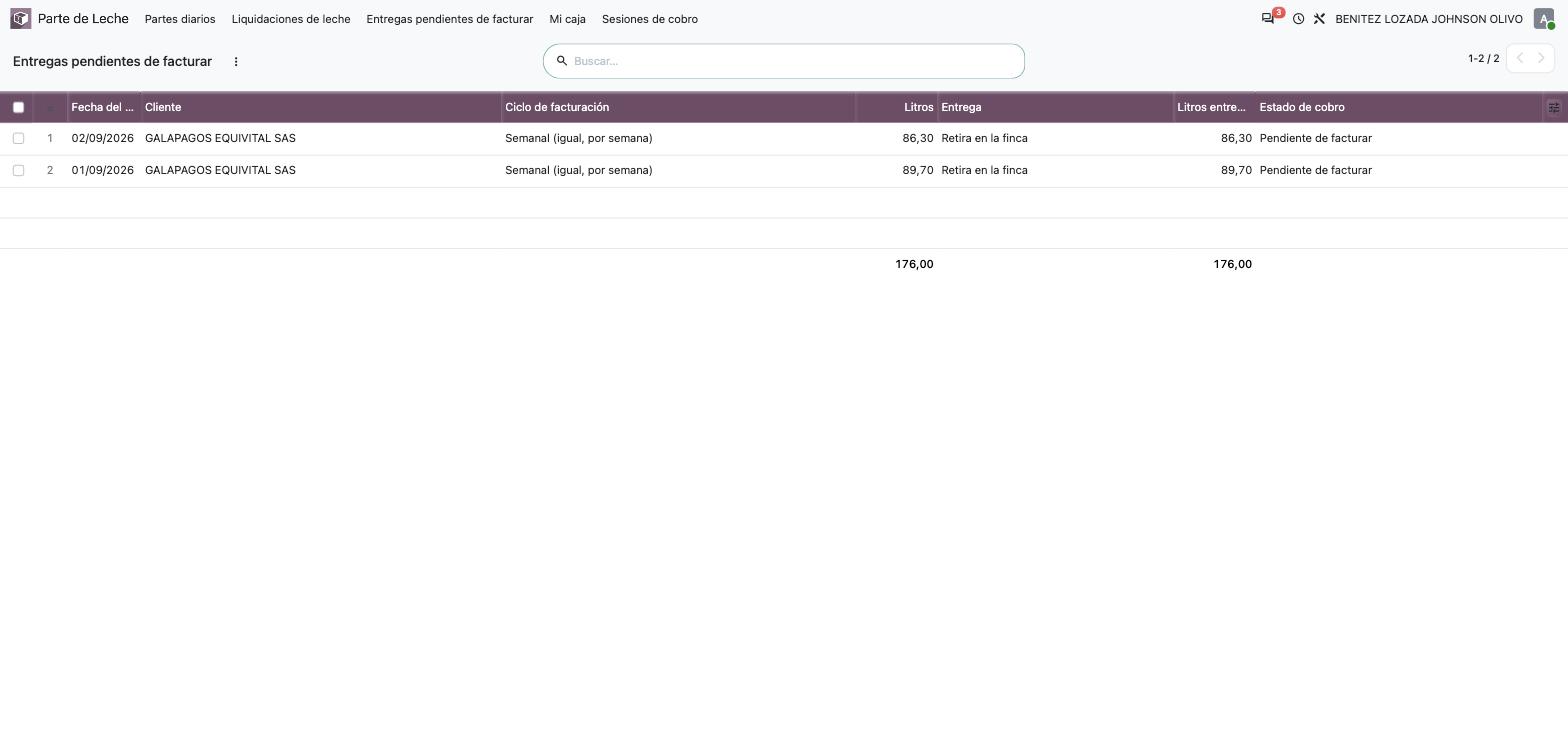 Lista de entregas pendientes de facturar, con columna Estado de cobro