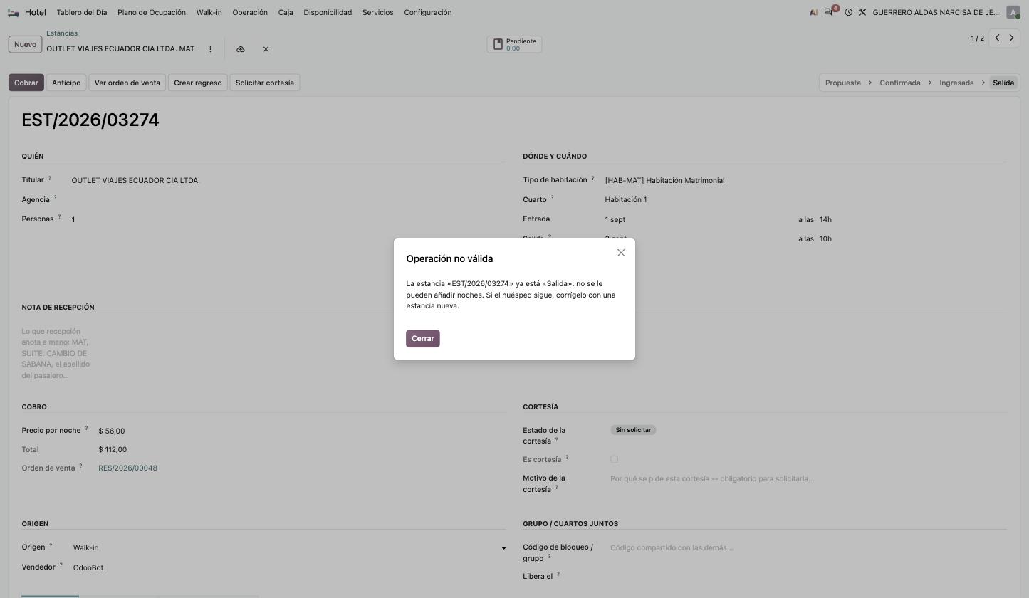 Error de validación al intentar añadir noches a una estancia que ya está en Salida