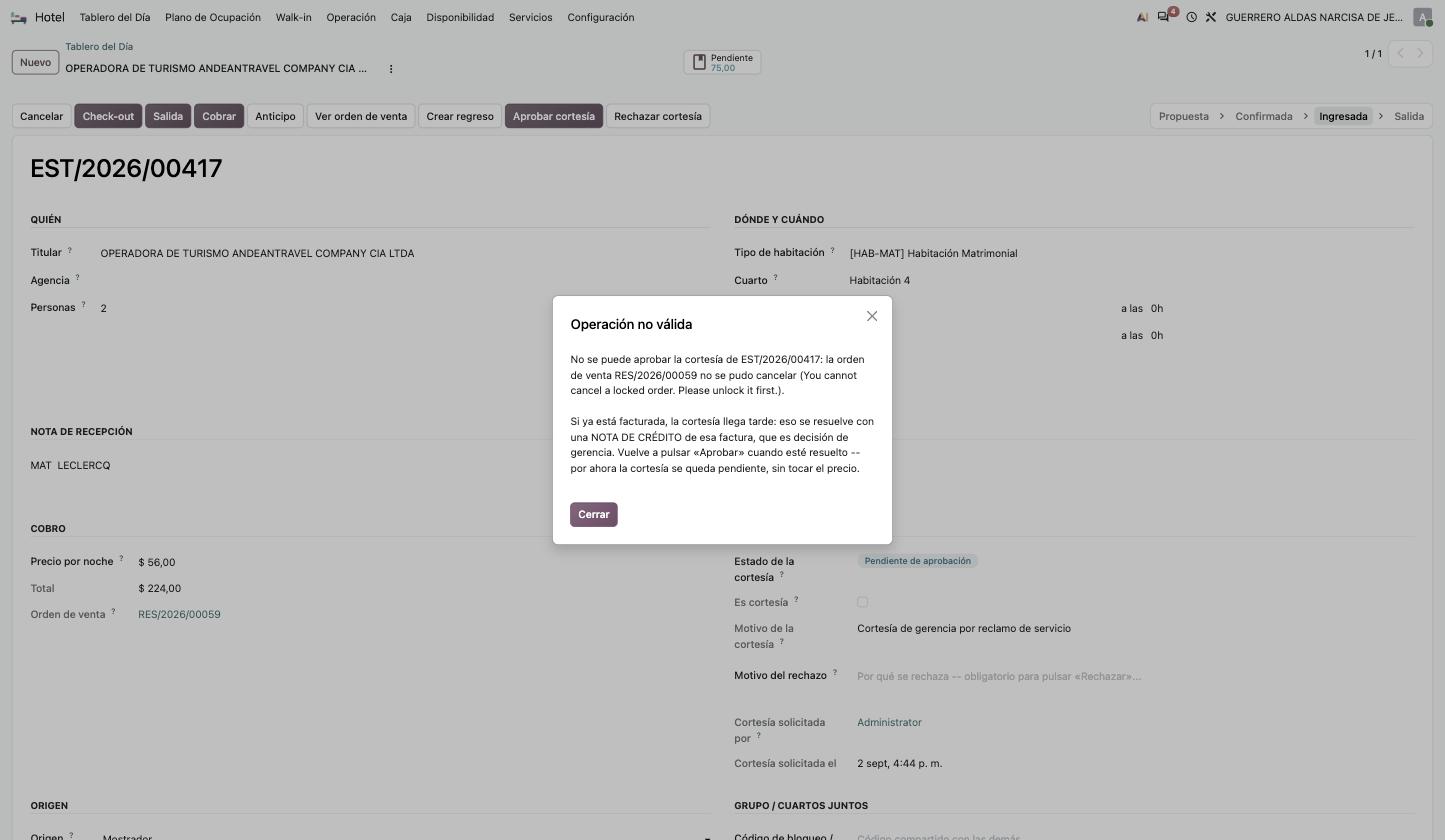 Error al aprobar una cortesía porque su orden de venta ya está facturada y bloqueada