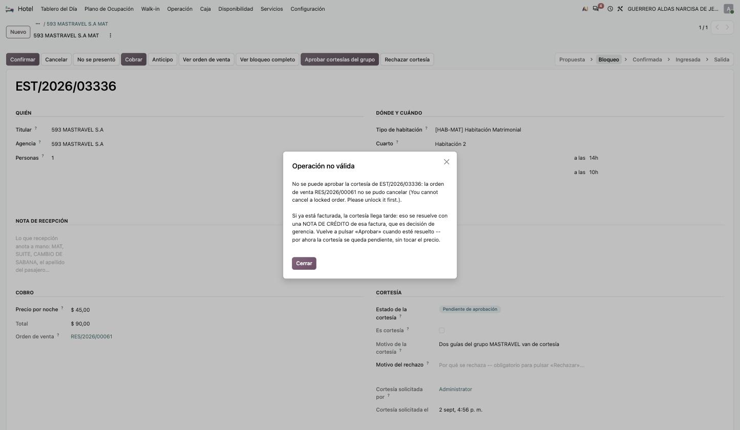 Error al aprobar las cortesías de un grupo porque una de sus estancias ya está facturada