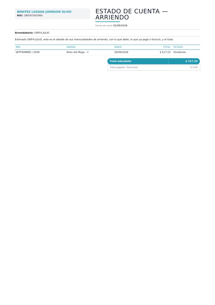 Estado de cuenta de arriendo impreso