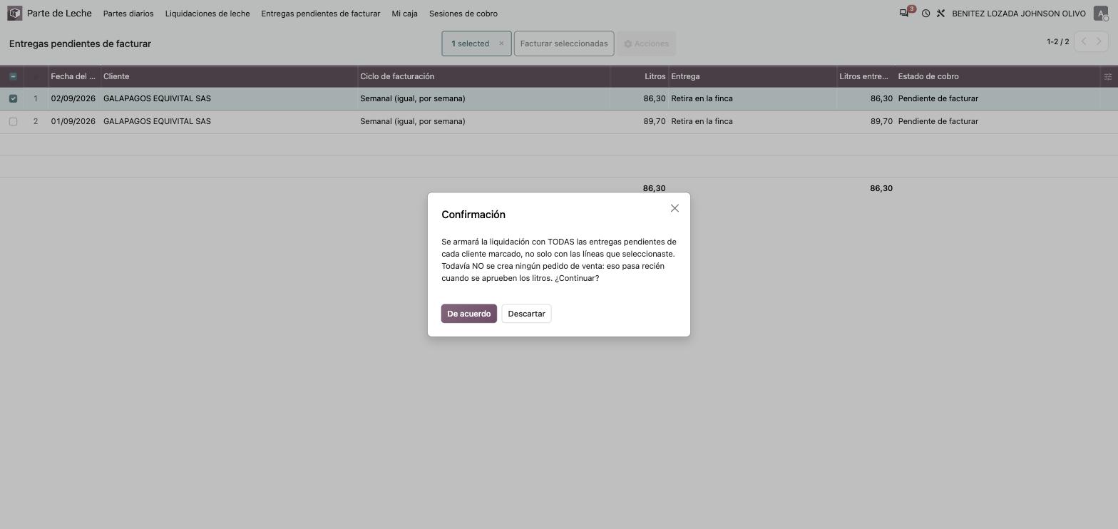 Confirmación del botón Facturar seleccionadas, avisando que arma TODAS las entregas del cliente