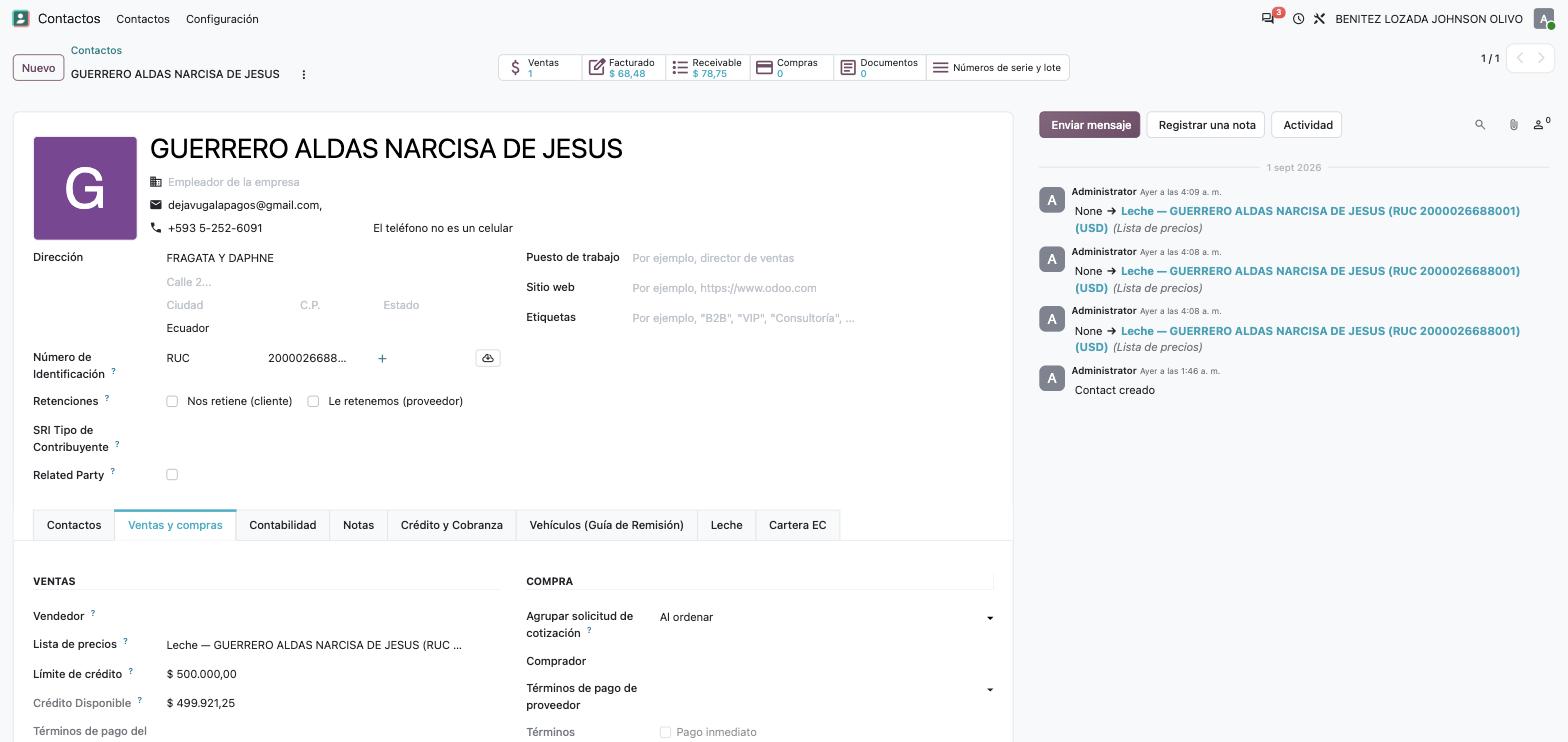 Ficha de GUERRERO ALDAS NARCISA DE JESUS, pestaña Ventas y compras, con su lista de precios propia