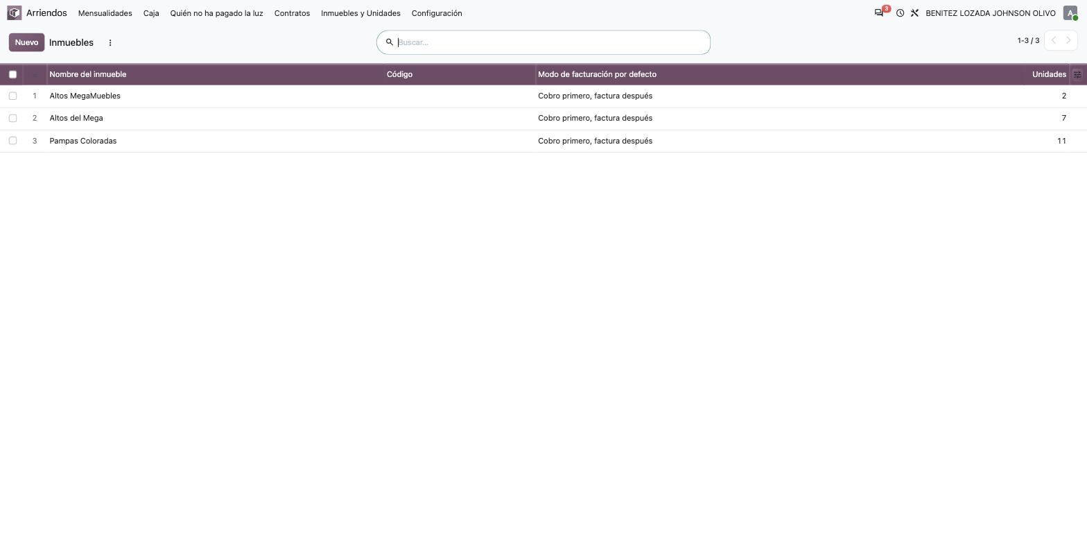 El listado de Inmuebles con el modo de facturación por defecto y el número de unidades