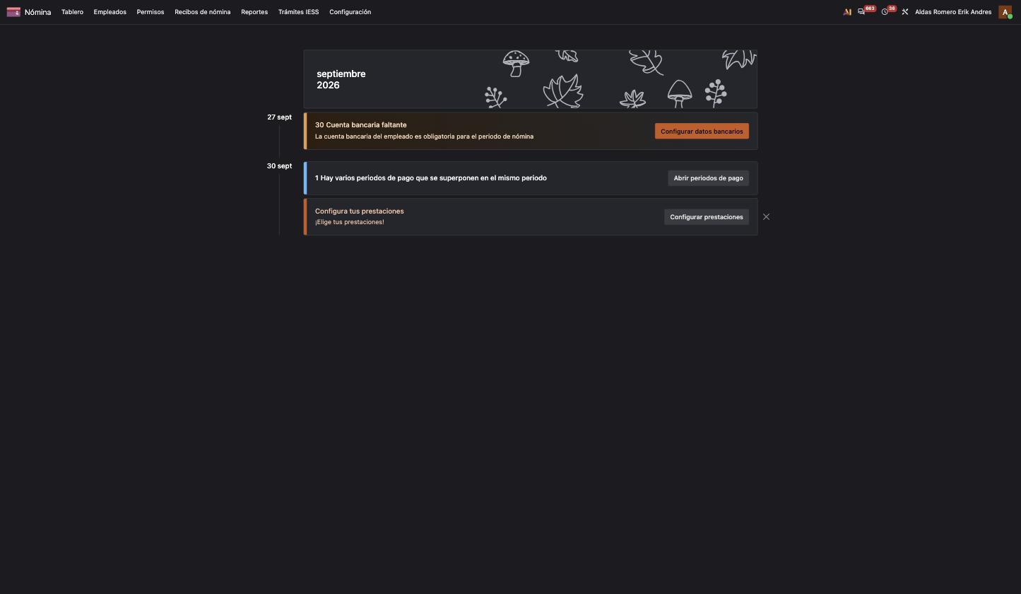 El Tablero de Nómina con tres alertas: cuenta bancaria faltante, periodos de pago superpuestos y una invitación a configurar prestaciones