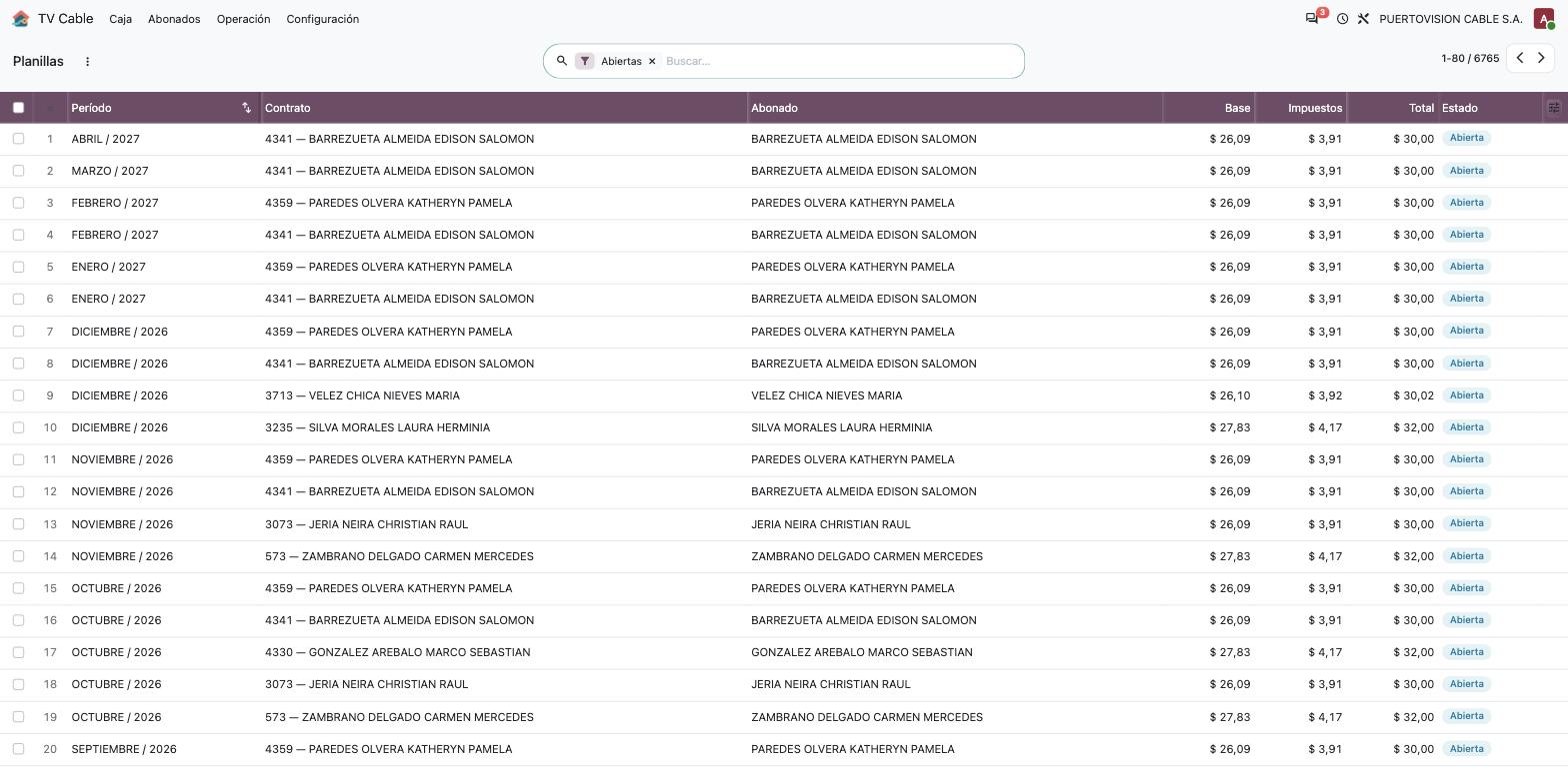 El listado de Planillas, filtrado a Abiertas, con período, contrato, base, impuestos y total