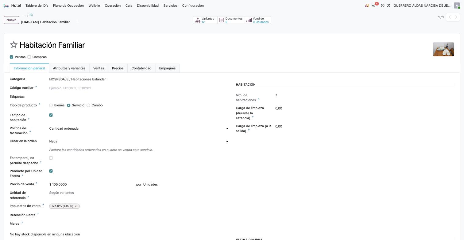 Ficha del producto Habitación Familiar con «Es tipo de habitación» marcada y el grupo Habitación