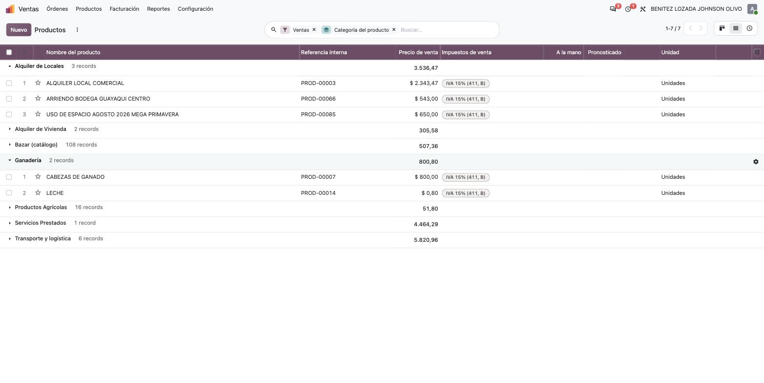 Lista de productos de jb agrupada por categoría de producto, con LECHE dentro de Ganadería