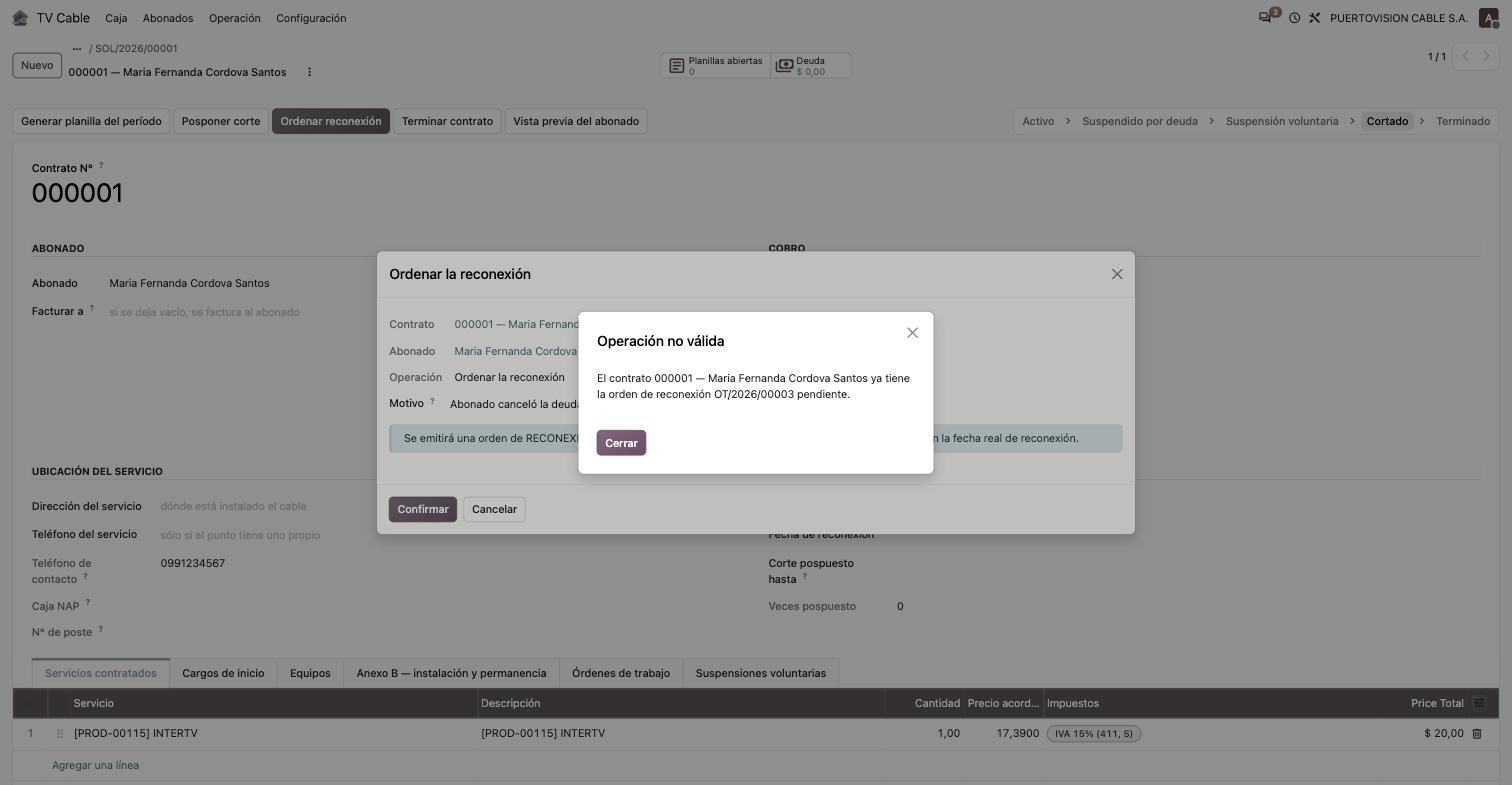 Bloqueo al intentar ordenar una segunda reconexión: el contrato ya tiene la orden OT/2026/00003 pendiente