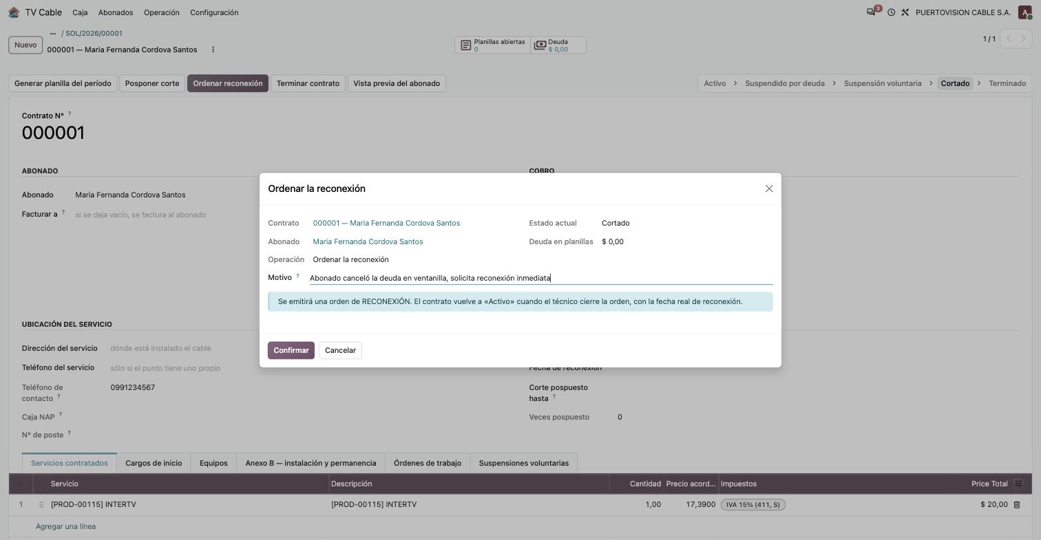 Diálogo «Ordenar la reconexión» sobre un contrato cortado, con deuda en $0,00 y motivo escrito a mano