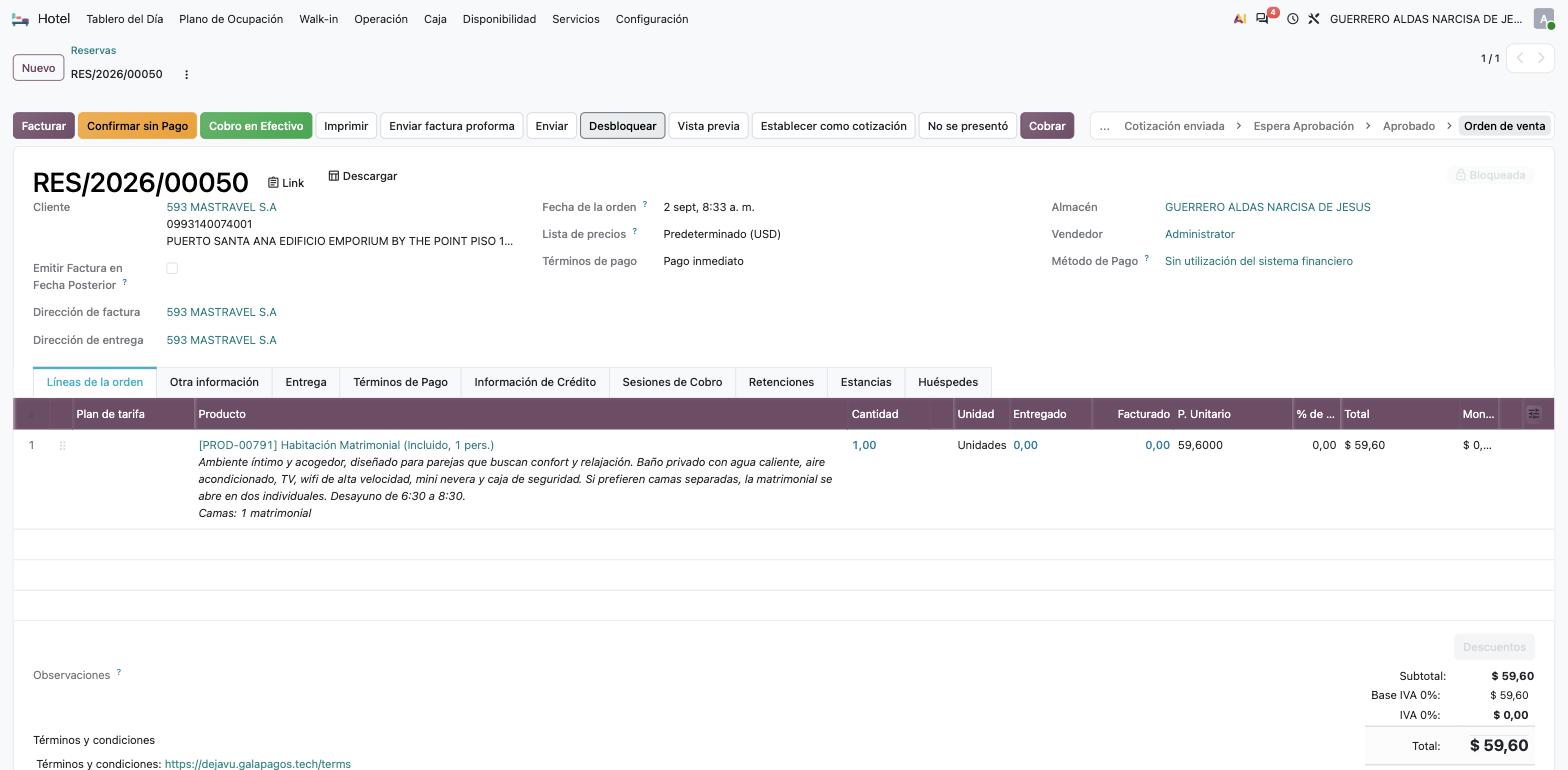 Reserva confirmada, en estado Orden de venta y bloqueada, con el registro del cambio en el chatter