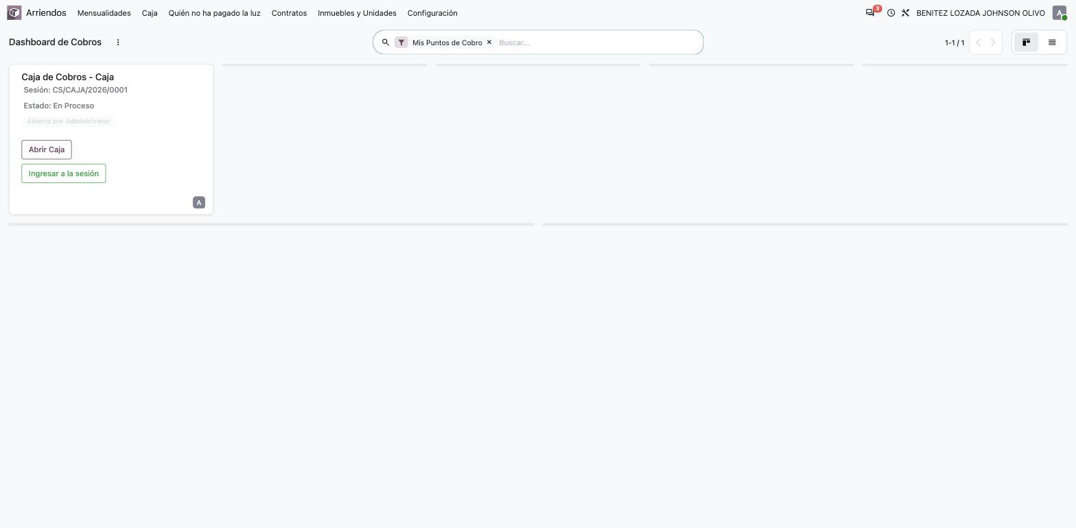 La tarjeta de Mi caja con la sesión CS/CAJA/2026/0001 en estado En Proceso, abierta por Administrator