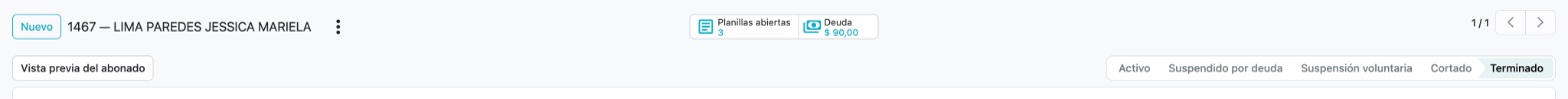 Cabecera de un contrato Terminado con tres planillas abiertas y 90 dólares de deuda, sin botones de operación salvo Vista previa del abonado