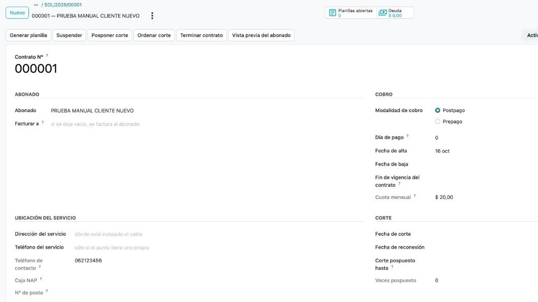 Ficha del contrato recién creado, con los servicios contratados y el estado del servicio