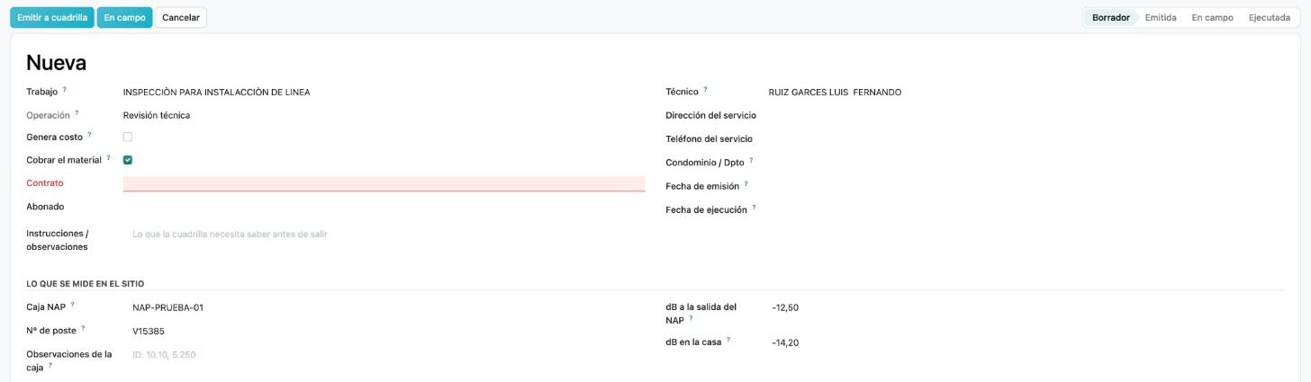 Orden de trabajo de inspección para un posible cliente, sin contrato, en estado Emitida