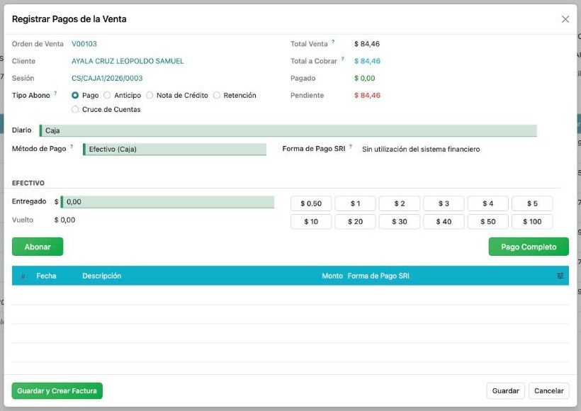 Diálogo Registrar Pagos de la Venta con Total a cobrar 84,46, método Efectivo (Caja) y los botones Abonar y Pago Completo