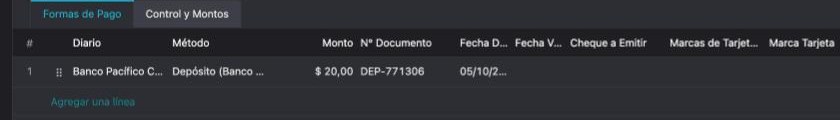 Pestaña Formas de Pago con una línea: diario Banco Pacífico, monto, número de documento y Fecha Doc. del 05/10/2026