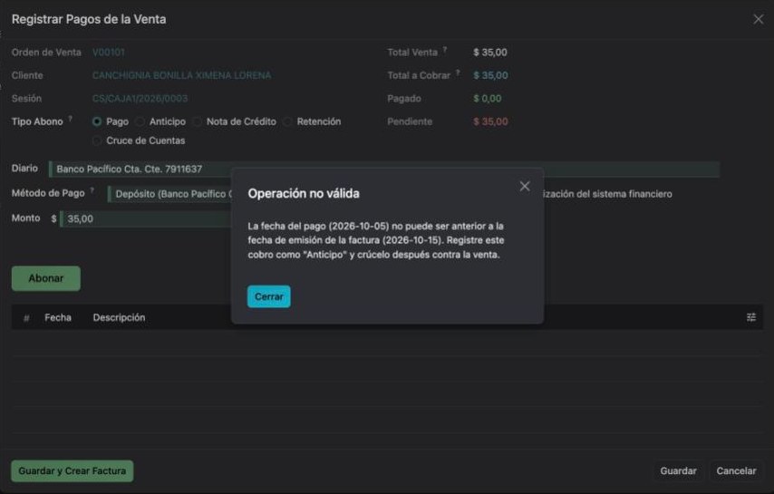 Diálogo Registrar Pagos de la Venta con Tipo Abono Pago y la fecha del 5 de octubre, y el mensaje Operación no válida que pide registrar el cobro como Anticipo