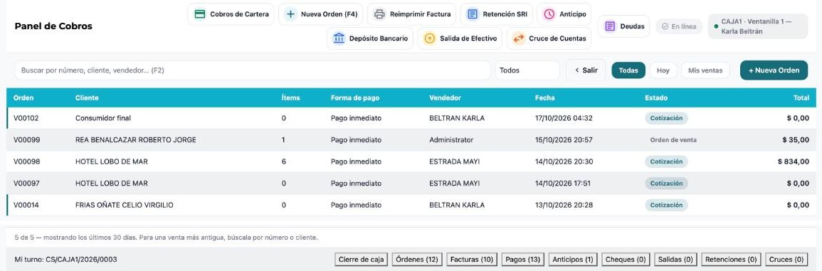 Panel de Cobros con la lista de órdenes y, abajo, Mi turno con los botones Cierre de caja, Órdenes, Facturas, Pagos y Anticipos