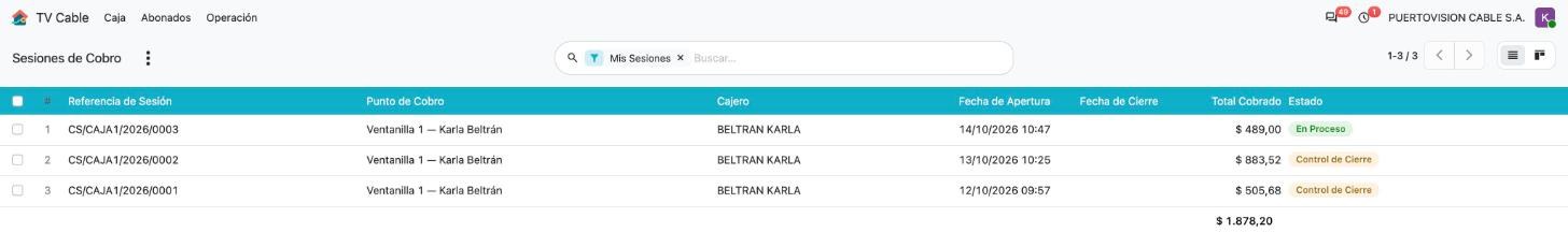 Lista Sesiones de Cobro de Karla Beltrán con tres sesiones, una En Proceso y dos en Control de Cierre, y sin botón Nuevo