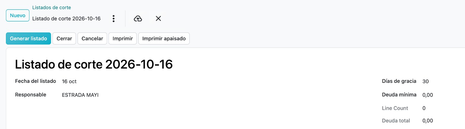 Listado de corte nuevo en borrador, con Días de gracia en 30, Deuda mínima en 0,00 y el botón Generar listado