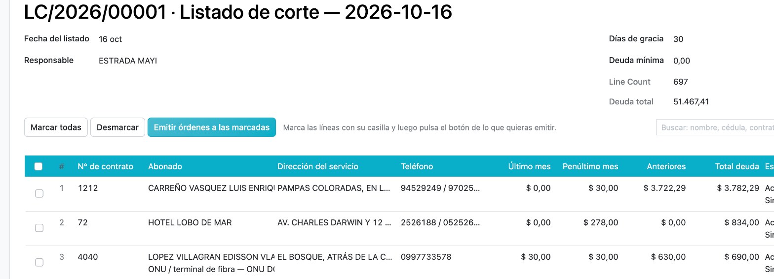 Listado de corte ya generado con 697 líneas y las columnas Último mes, Penúltimo mes, Anteriores y Total deuda