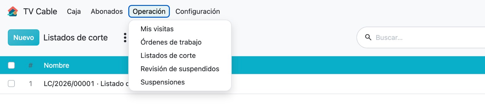 Menú Operación de la aplicación TV Cable abierto, con la opción Listados de corte entre Órdenes de trabajo y Revisión de suspensión voluntaria