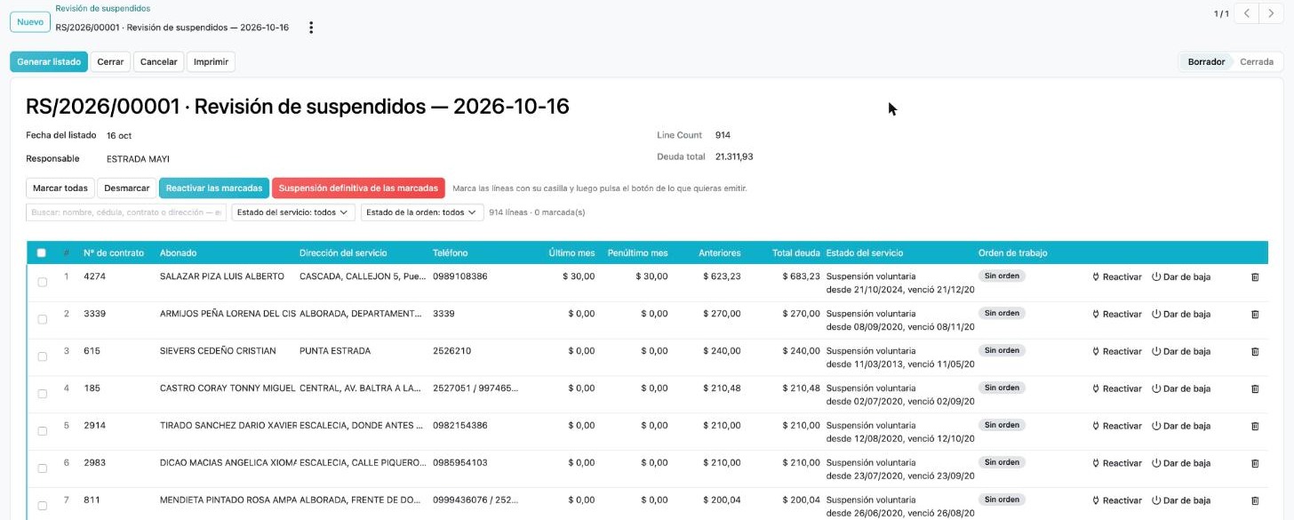 Revisión de suspensión voluntaria ya generada, con sus líneas, las columnas de deuda, Estado del servicio y Orden de trabajo, y en cada línea los botones Reactivar y Dar de baja